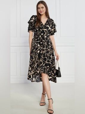 DKNY Black & Cream Floral High-Low Wrap Dress